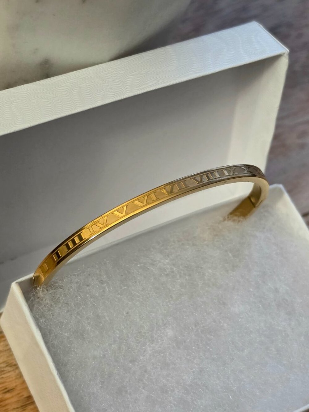 Gold Tone Engraved Roman Numerals Bangle Bracelet 7"